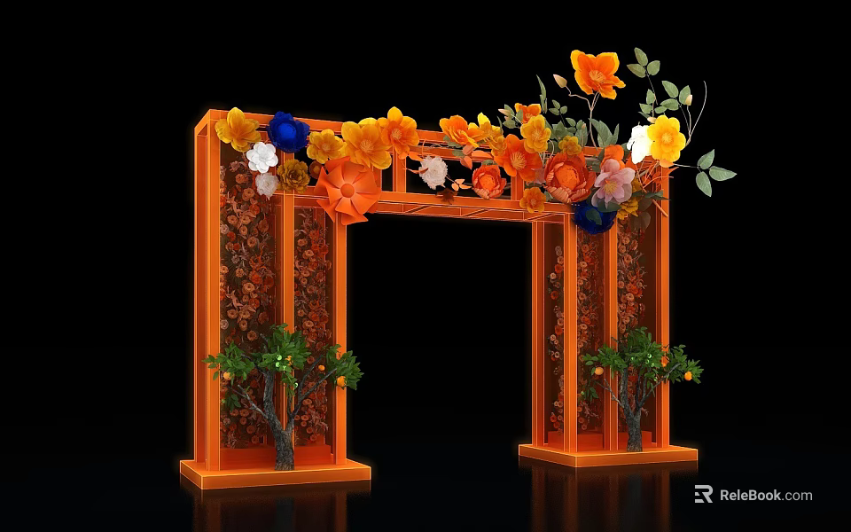 Event Archway with Orange Frame Decorated by Colorful Flowers and Green Plants 3d model 