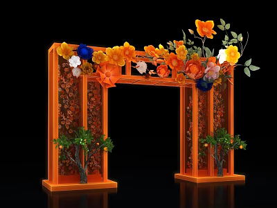 Event Archway with Orange Frame Decorated by Colorful Flowers and Green Plants 3d model