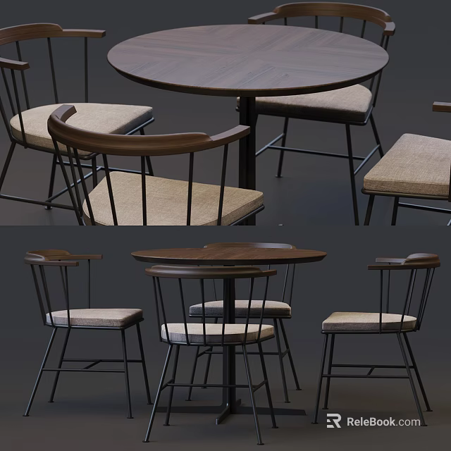 Modern Round Dining Table Set With Metal Frame Chairs And Fabric Seats 3d model 