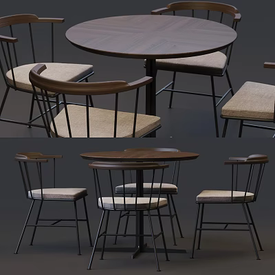 Modern Round Dining Table Set With Metal Frame Chairs And Fabric Seats 3d model