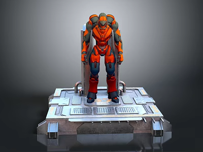 Orange Armored Robot Character Standing On Metal Platform With Mechanical Structure 3d model