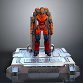Orange Armored Robot Character Standing On Metal Platform With Mechanical Structure
