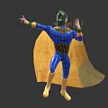 Dynamic Superhero Character in Blue Costume With Golden Helmet And Yellow Cape Spreading Arms