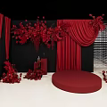Red Themed Decorative Setup With Flowers Curtains Black Backdrop And Round Platform 3d model