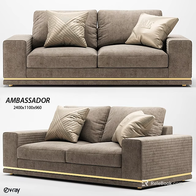 Ambassador Brown Sofa With Modern Design Gold Base And Decorative Pillows 3d model