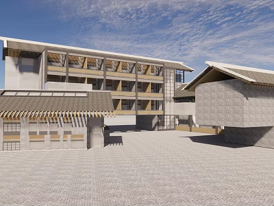 Traditional And Modern Architectural Complex With Multi Story Buildings And Brick Paved Courtyard 3d model