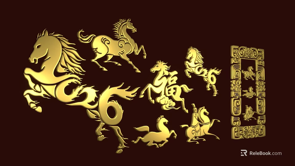 Golden 3D Characters Artwork With Running Horses Fu Symbol And Decorative Patterns 3d model 