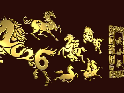 Golden 3D Characters Artwork With Running Horses Fu Symbol And Decorative Patterns 3d model