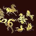 Golden 3D Characters Artwork With Running Horses Fu Symbol And Decorative Patterns