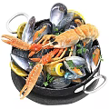Delicious Seafood Pot with Lobster Mussels Lemon Slices and Fresh Herbs in Cast Iron Pot