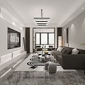 Modern Living Dining Room Interior With Gray Sofa Pillows TV Wall And Geometric Rug
