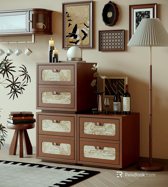 Classic Decorative Cabinet With Decorative Drawers Wine Bottles Glasses Plant Wall Art And Floor Lamp 3d model 