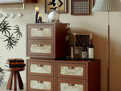 Classic Decorative Cabinet With Decorative Drawers Wine Bottles Glasses Plant Wall Art And Floor Lamp 3d model