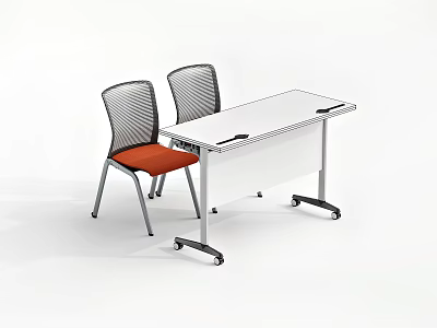 White Office Desk And Chair Set With Mesh Backrest Orange Seat And Wheels 3d model