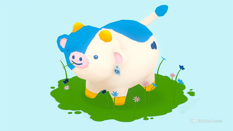 Cartoon Cow Plush Toy With Blue White Body Yellow Accents On Green Grass With Flowers 3d model 