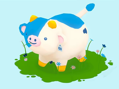 Cartoon Cow Plush Toy With Blue White Body Yellow Accents On Green Grass With Flowers 3d model