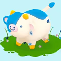 Cartoon Cow Plush Toy With Blue White Body Yellow Accents On Green Grass With Flowers