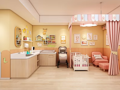 Cozy Pastel Themed Baby Care Room With Complete Nursing Facilities And Comfortable Indoor Rest Space 3d model