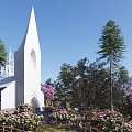 Scenic Park Landscape With White Spire Building Pink Flowers Green Trees And Lush Bushes