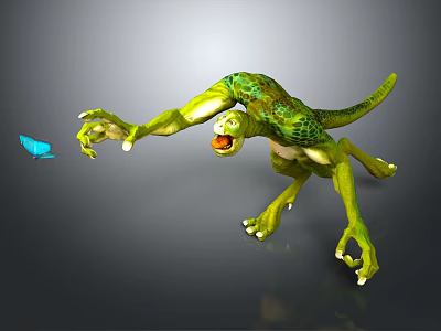 Green Scaled Dinosaur Like Character Reaching For Blue Butterfly In Gray Scene 3d model