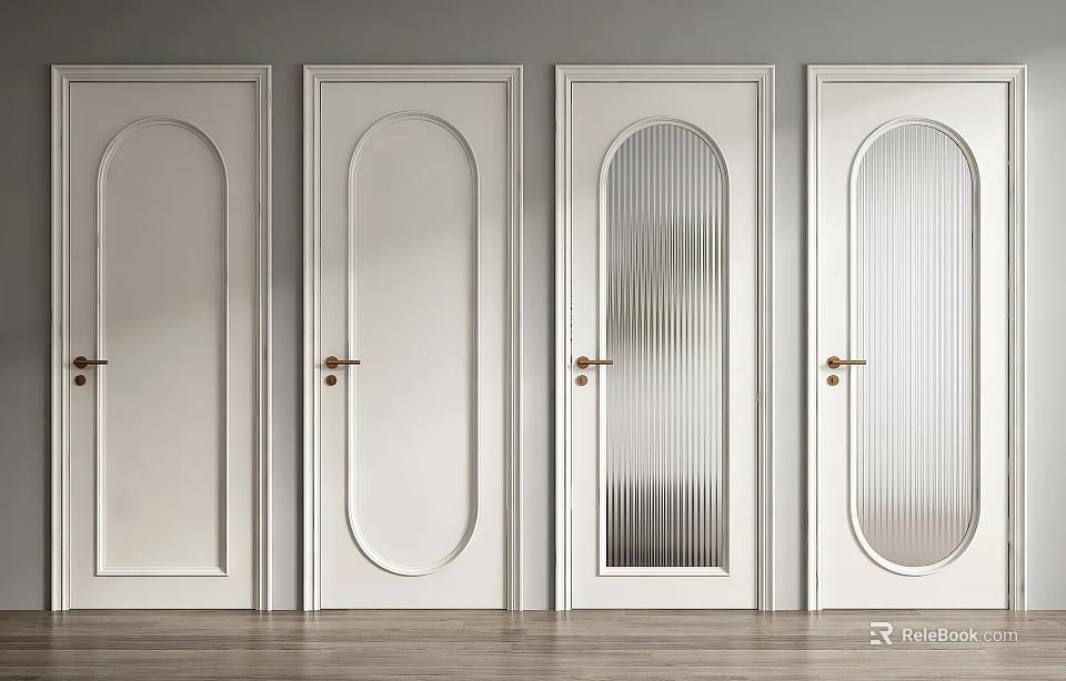 Modern White Hinged Doors with Paneled and Ribbed Glass Designs and Golden Handles 3d model 