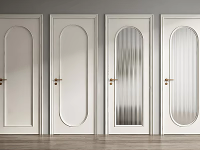 Modern White Hinged Doors with Paneled and Ribbed Glass Designs and Golden Handles 3d model