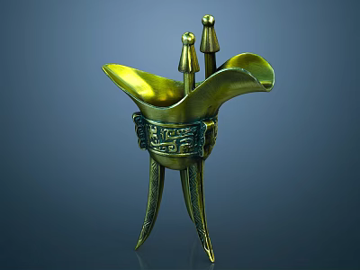 Golden Ancient Chinese Wine Cup With Three Legs Two Pillars And Intricate Decorative Patterns 3d model