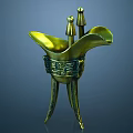 Golden Ancient Chinese Wine Cup With Three Legs Two Pillars And Intricate Decorative Patterns