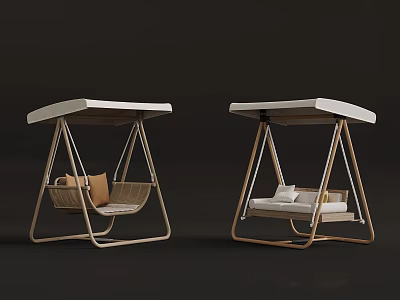 Modern Wooden Frame Swing Chairs With White Canopy And Comfortable Cushions 3d model