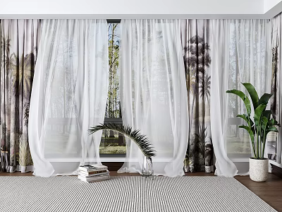 White Sheer Curtains For Window With Trees View And Indoor Plants In Room 3d model