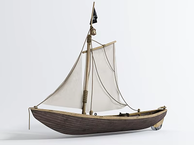 Wooden Sailboat Model With White Sails Black Flag Brown Hull And Detailed Design 3d model
