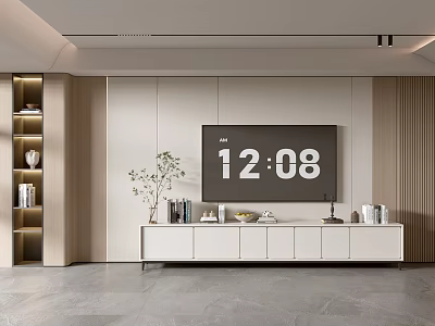 Modern Minimalist TV Background Wall With White Wall Large Screen TV And Decorative Cabinet 3d model
