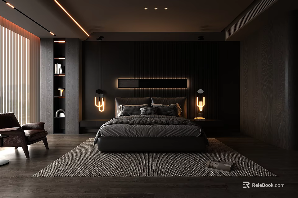 Modern Dark Bedroom Interior With LED Headboard Wall Sconces And Area Rug 3d model 