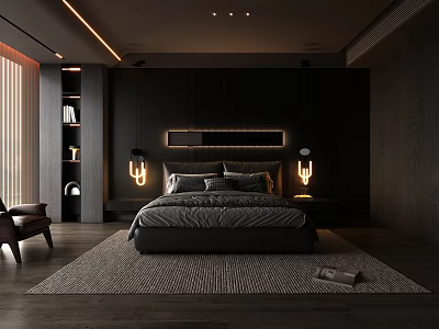 Modern Dark Bedroom Interior With LED Headboard Wall Sconces And Area Rug 3d model