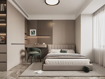 Elegant Modern Bedroom Interior Design With Bed Desk Chair And Wooden Panel Wall 3d model