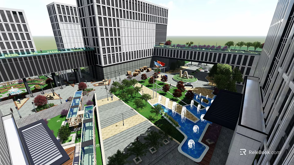 Modern Urban Landscape Design With Water Features Trees And Open Square Around High Rise Buildings 3d model 
