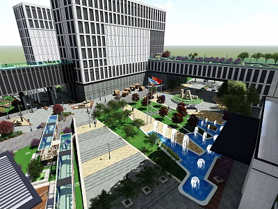 Modern Urban Landscape Design With Water Features Trees And Open Square Around High Rise Buildings 3d model