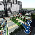 Modern Urban Landscape Design With Water Features Trees And Open Square Around High Rise Buildings