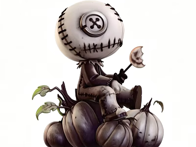 Decorative Ornament Set Featuring Stitched Doll Figure Sitting On Pumpkins With Green Leaves 3d model