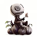 Decorative Ornament Set Featuring Stitched Doll Figure Sitting On Pumpkins With Green Leaves