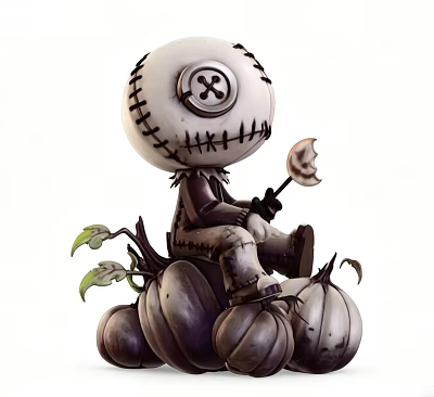 Decorative Ornament Set Featuring Stitched Doll Figure Sitting On Pumpkins With Green Leaves 3d model