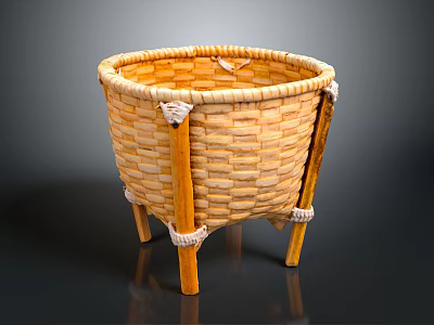 Handwoven Natural Wicker Basket With Sturdy Wooden Legs For Daily Living Use 3d model