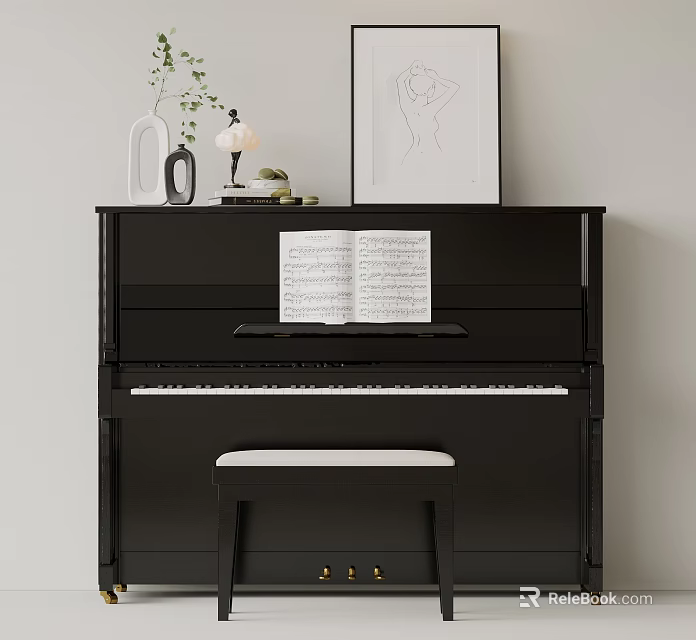 Black Piano and Art Supplies in Modern Interior with Sheet Music and Drawing Frame 3d model 