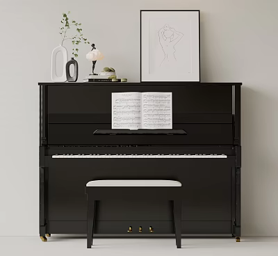 Black Piano and Art Supplies in Modern Interior with Sheet Music and Drawing Frame 3d model
