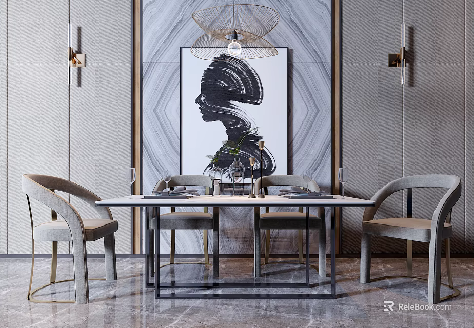 Elegant Modern Dining Table Set With Chairs Abstract Painting Pendant Light And Marble Floor 3d model 