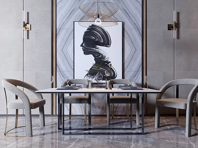 Elegant Modern Dining Table Set With Chairs Abstract Painting Pendant Light And Marble Floor 3d model