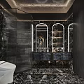 Modern Bathroom Interior With Marble Walls Blue Bathtub And Round Mirror