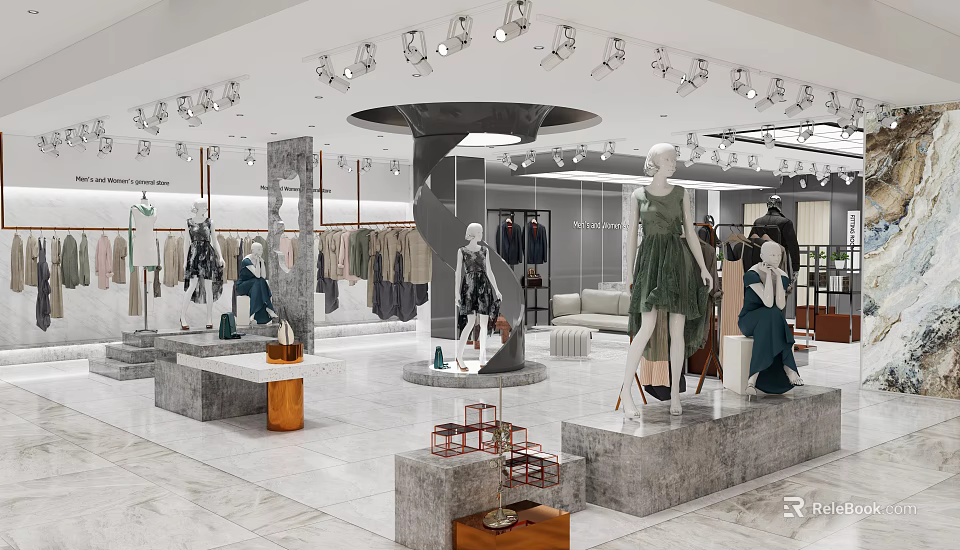 Modern Clothing Store Interior With Mannequins Hanging Clothes Display Platforms And Spotlights 3d model 