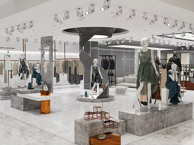 Modern Clothing Store Interior With Mannequins Hanging Clothes Display Platforms And Spotlights 3d model