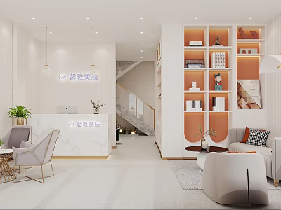 Modern Beauty Salon Interior With Reception Desk Sofa Bookshelves And Green Plants 3d model